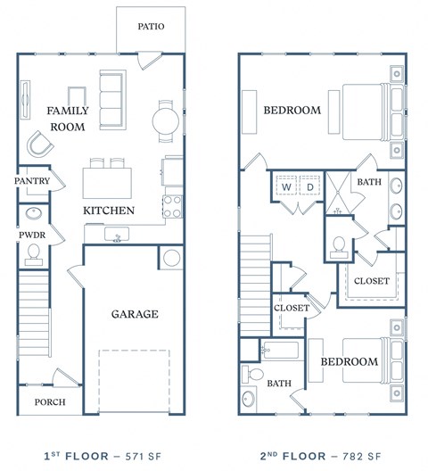 Floor plan for 2 beds, 2.5 baths, 1353 sqft