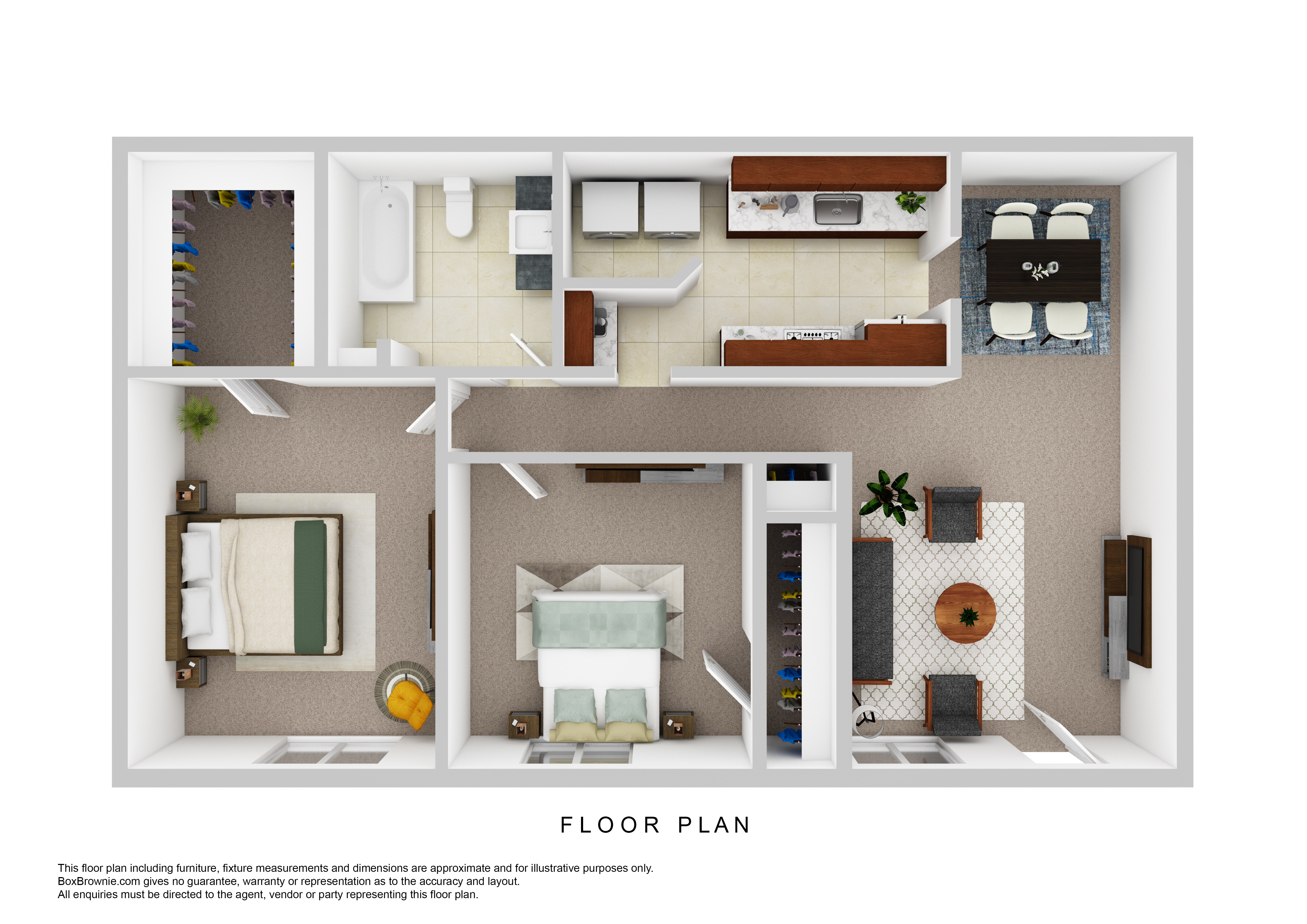 Floor plan for 2 beds, 1 bath, 960 sqft