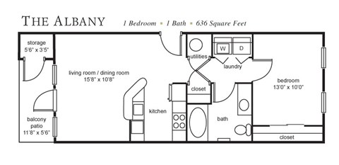 Floor plan for 1 bed, 1 bath, 636 sqft