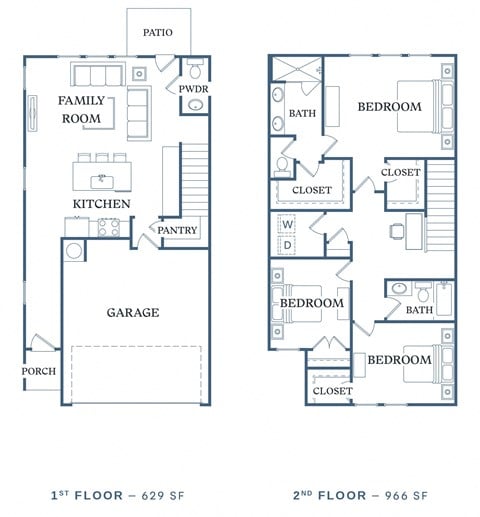 Floor plan for 3 beds, 2.5 baths, 1595 sqft