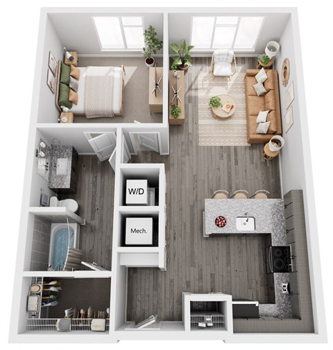 Floor plan for 1 bed, 1 bath, 745 sqft