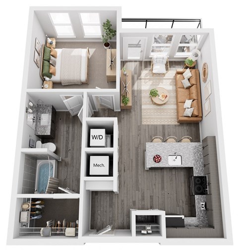 Floor plan for 1 bed, 1 bath, 692 sqft