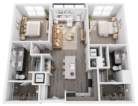 Floor plan for 2 beds, 2 baths, 1029 sqft