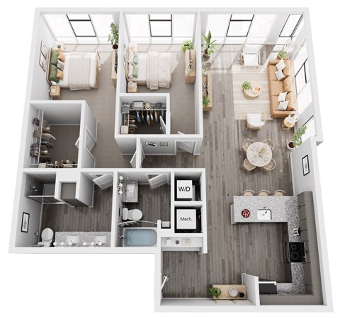 Floor plan for 2 beds, 2 baths, 1214 sqft
