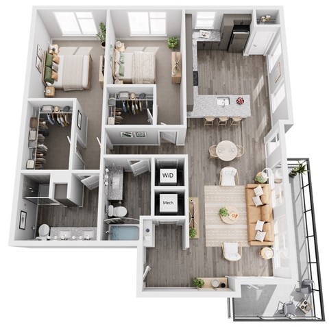 Floor plan for 2 beds, 2 baths, 1343 sqft