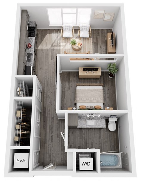 Floor plan for studio, 1 bath, 583 sqft