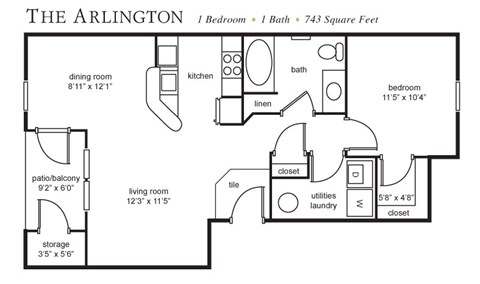 Floor plan for 1 bed, 1 bath, 743 sqft