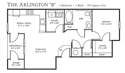Floor plan for 1 bed, 1 bath, 743 sqft