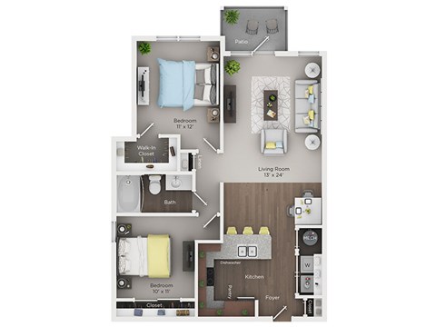 Floor plan for 2 beds, 1 bath, 959 sqft