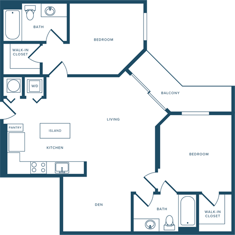 Floor plan for 2 beds, 2 baths, 1053 sqft