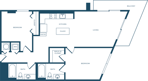 Floor plan for 2 beds, 2 baths, 1074 sqft