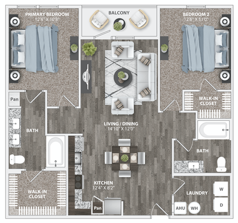 Floor plan for 2 beds, 2 baths, 1164 sqft