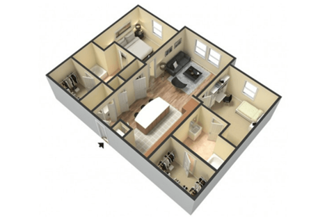 Floor plan for 2 beds, 2 baths, 941 sqft