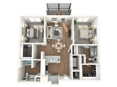 Floor plan for 2 beds, 2 baths, 1073 sqft