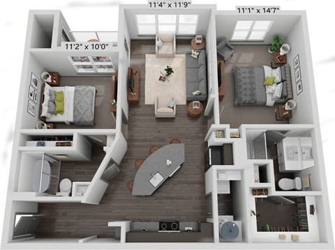 Floor plan for 2 beds, 2 baths, 1119 sqft