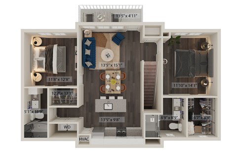Floor plan for 2 beds, 2 baths, 1169 sqft