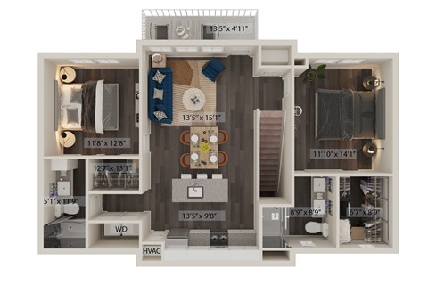 Floor plan for 2 beds, 2 baths, 1169 sqft