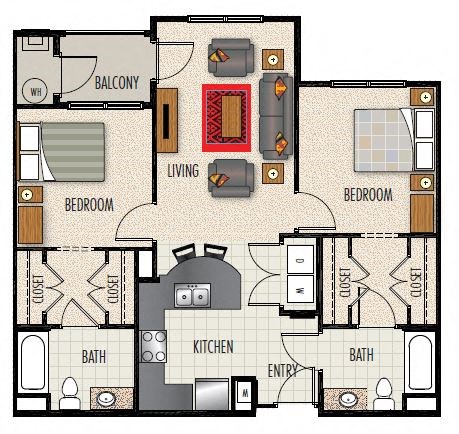 Floor plan for 2 beds, 2 baths, 945 sqft