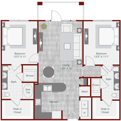 Floor plan for 2 beds, 2 baths, 1147 sqft