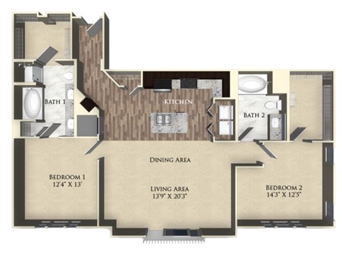 Floor plan for 2 beds, 2 baths, 1276 sqft