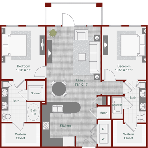 Floor plan for 2 beds, 2 baths, 1147 sqft