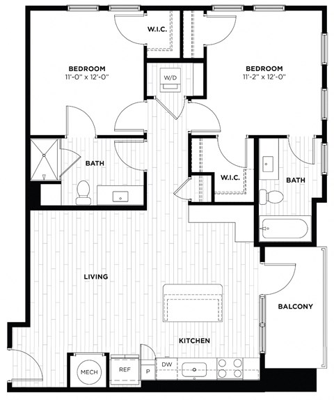 Floor plan for 2 beds, 2 baths, 1037 sqft