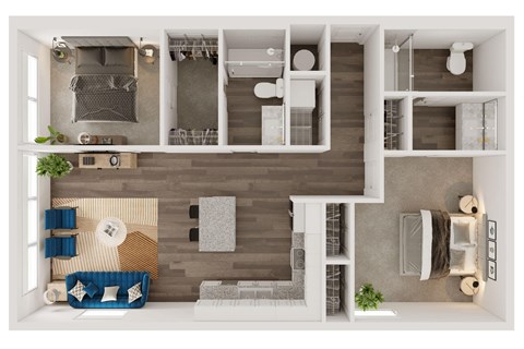 Floor plan for 2 beds, 2 baths, 1105 sqft