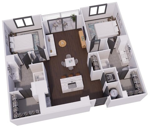 Floor plan for 2 beds, 2 baths, 1081 sqft