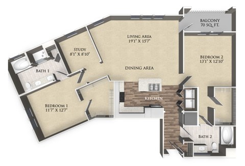 Floor plan for 2 beds, 2 baths, 1376 sqft