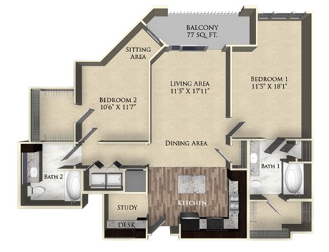 Floor plan for 2 beds, 2 baths, 1128 sqft