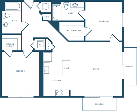 Floor plan for 2 beds, 2 baths, 1082 sqft