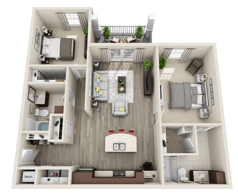 Floor plan for 2 beds, 2 baths, 1101 sqft