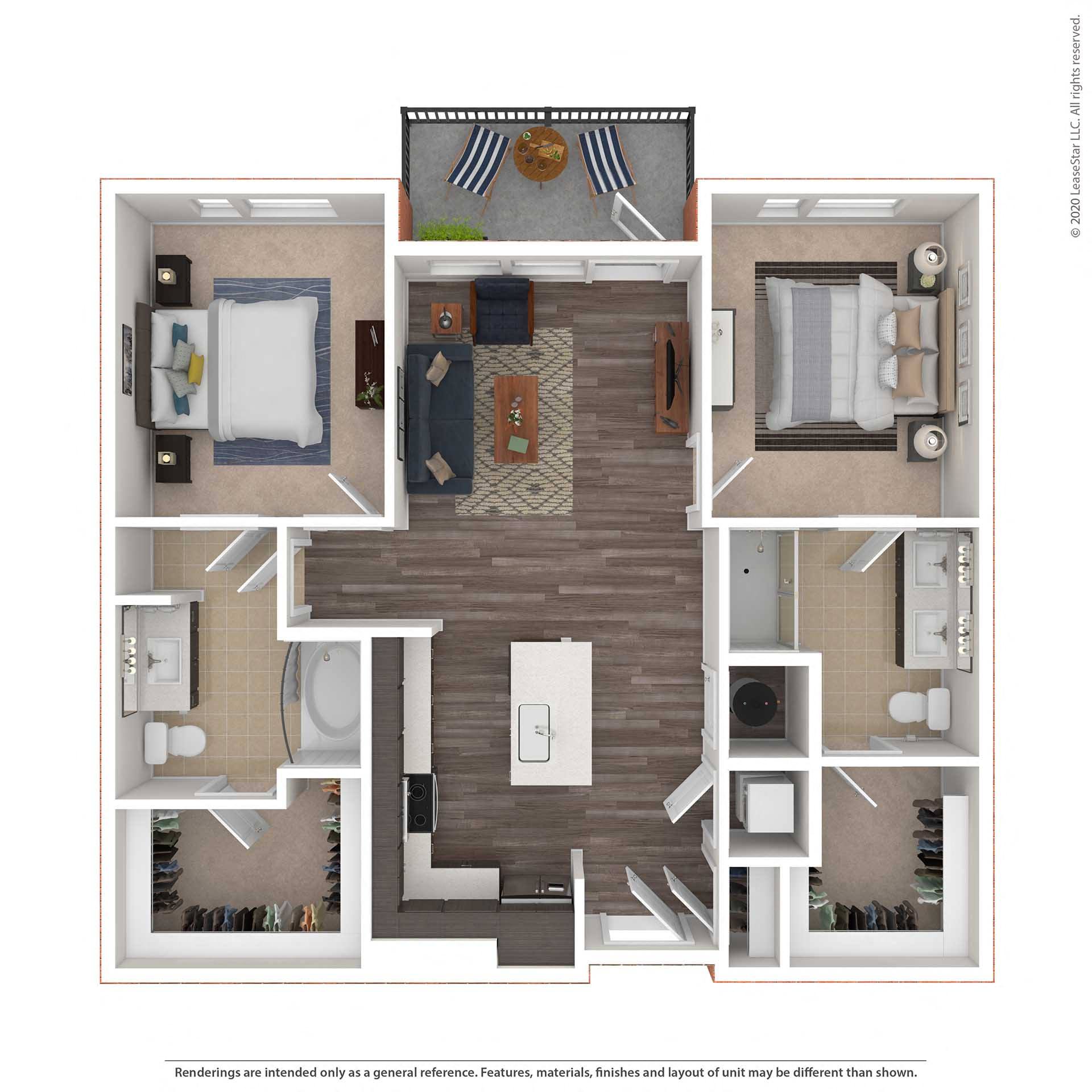 Floor plan for 2 beds, 2 baths, 1061 sqft