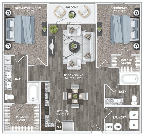 Floor plan for 2 beds, 2 baths, 1176 sqft