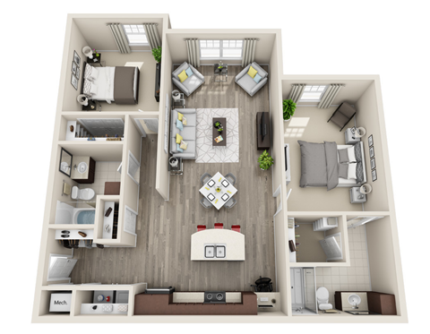 Floor plan for 2 beds, 2 baths, 1194 sqft