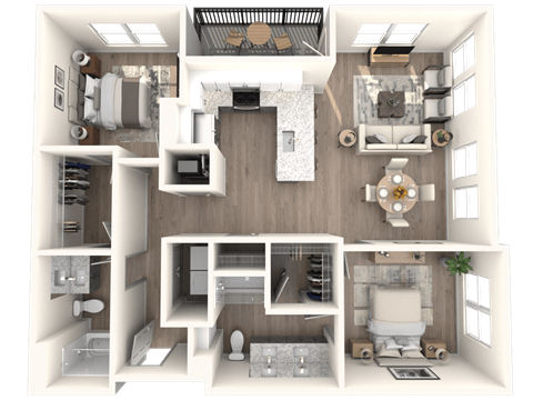 Floor plan for 2 beds, 2 baths, 1101 sqft