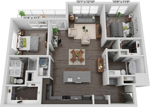 Floor plan for 2 beds, 2 baths, 1253 sqft