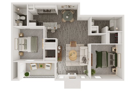 Floor plan for 2 beds, 2 baths, 888 sqft