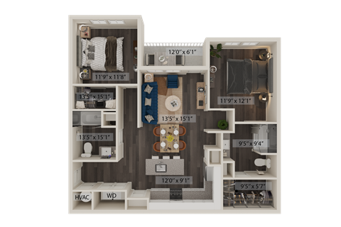 Floor plan for 2 beds, 2 baths, 1150 sqft
