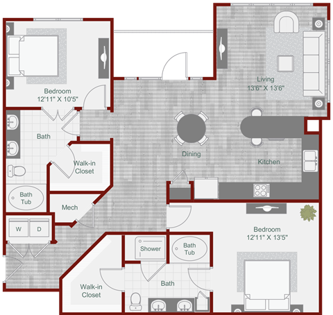 Floor plan for 2 beds, 2 baths, 1344 sqft