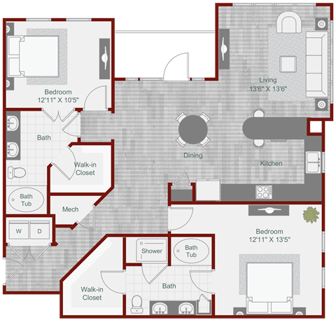 Floor plan for 2 beds, 2 baths, 1325 sqft