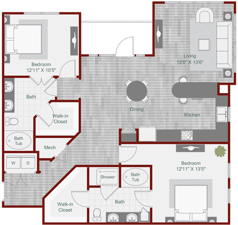 Floor plan for 2 beds, 2 baths, 1325 sqft