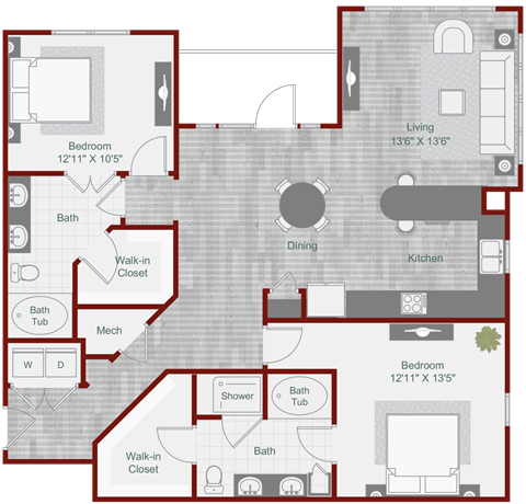 Floor plan for 2 beds, 2 baths, 1344 sqft