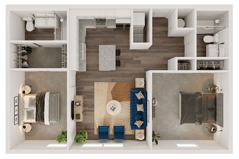 Floor plan for 2 beds, 2 baths, 1042 sqft
