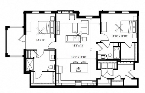 Floor plan for 2 beds, 2 baths, 1411 sqft