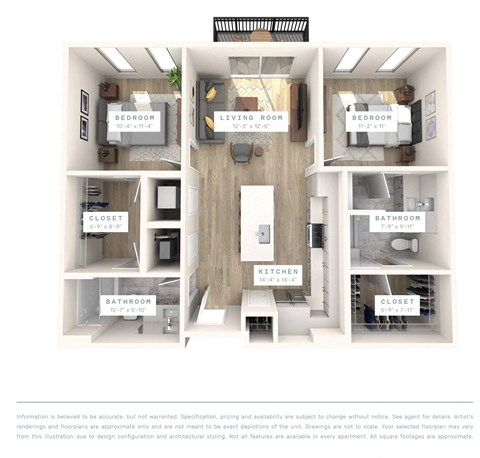 Floor plan for 2 beds, 2 baths, 984 sqft