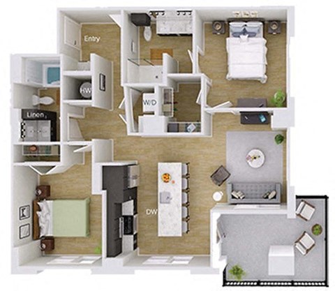 Floor plan for 2 beds, 2 baths, 1053 sqft