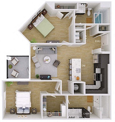Floor plan for 2 beds, 2 baths, 1129 sqft