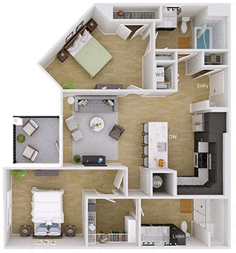 Floor plan for 2 beds, 2 baths, 1129 sqft