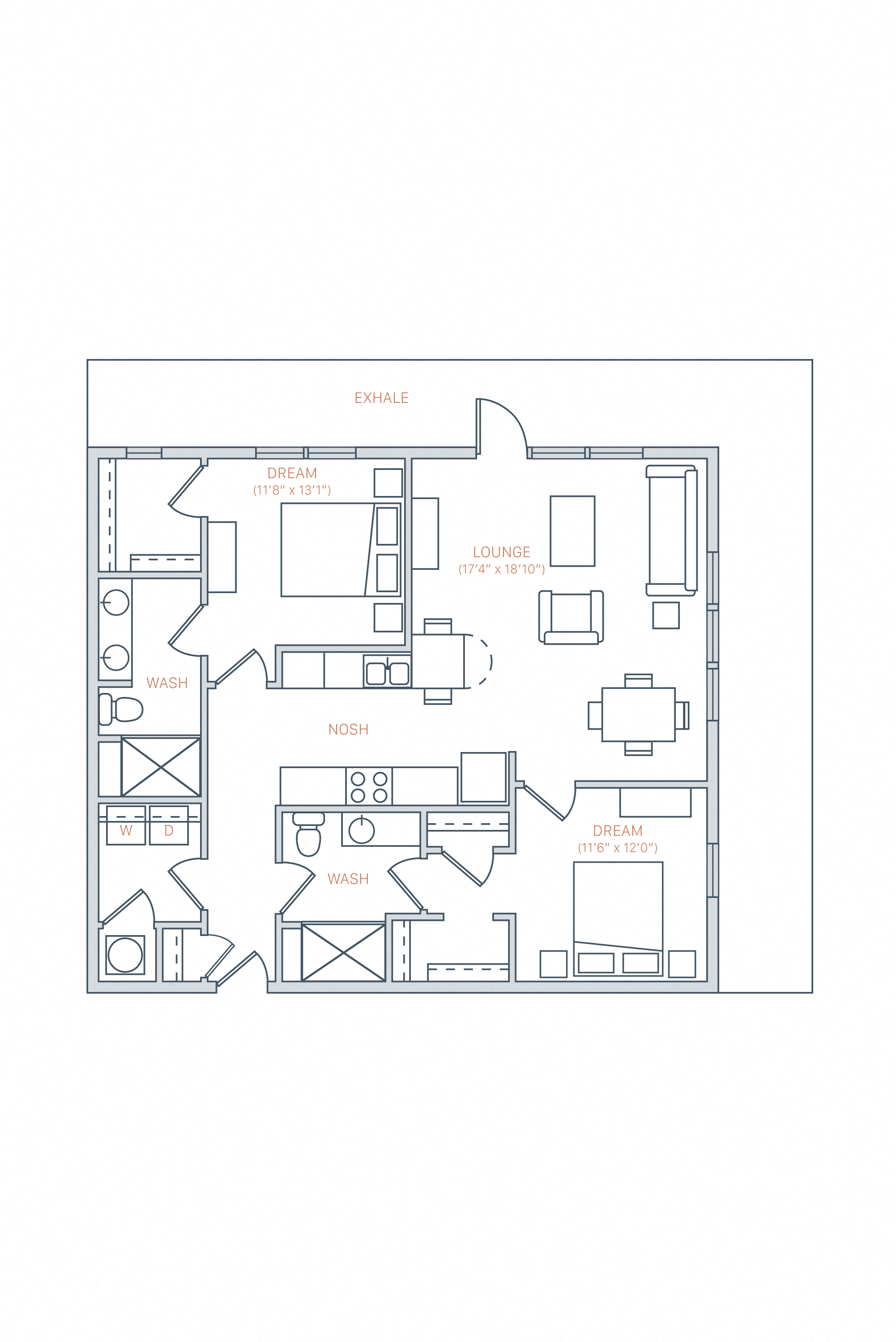 Floor plan for 2 beds, 2 baths, 1090 sqft